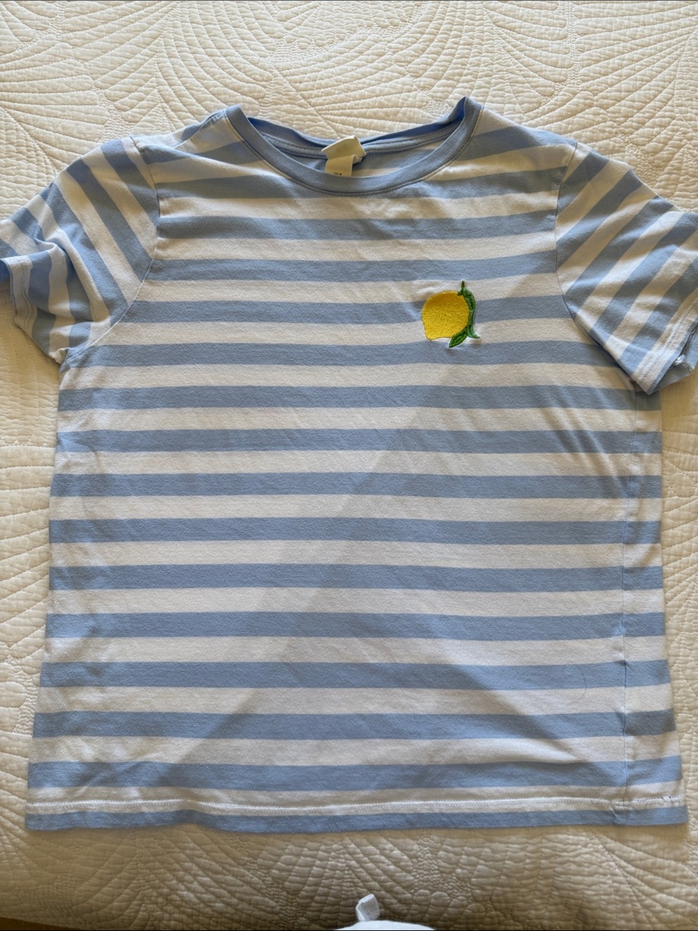 H&M Women’s Light Blue & White Striped Tee with Lemon Embroidered Patch